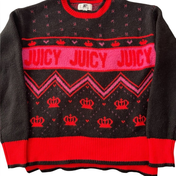 Juicy Couture Womens Crewneck Sweater Crowns Spellout Pink Red Black S Tiny Flaw - Picture 1 of 7